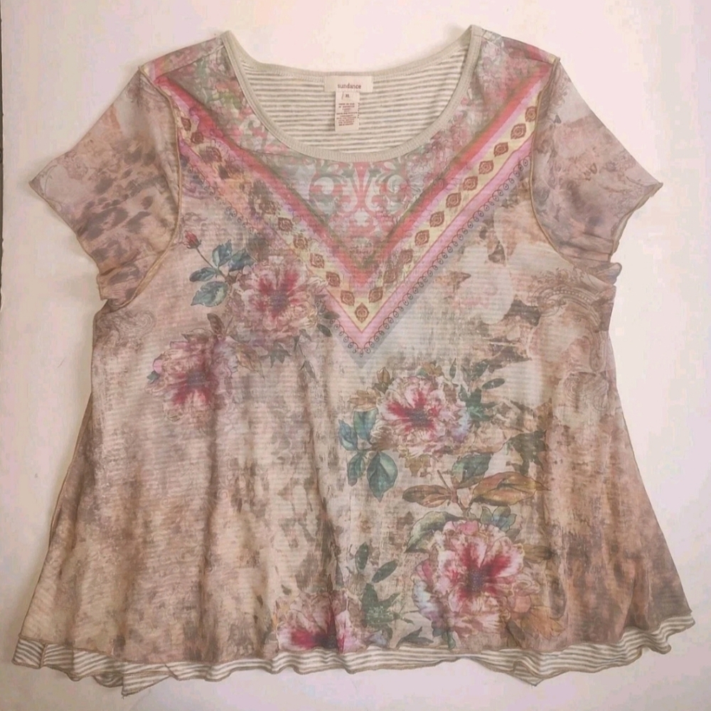 Sundance Ever Blooming Top Floral Mesh Overlay A Line Pink Beige Striped Blue XL